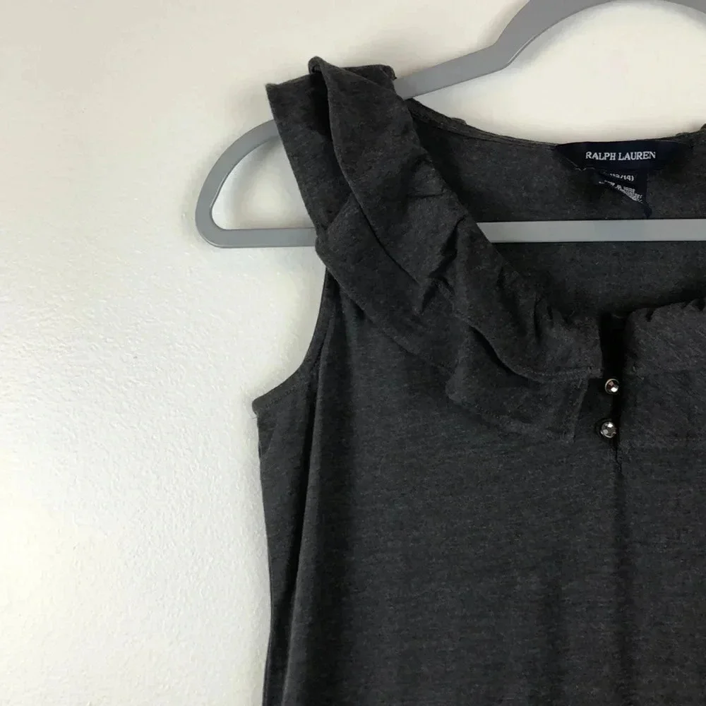 Ralph Lauren New Girls L Gray Sleeveless‎ Ruffle Cotton Blend Dress